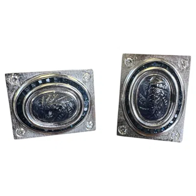 Pre-owned Lucien Piccard Carved Sapphire & Diamond Cufflinks In 14k White Gold, Circa 1970