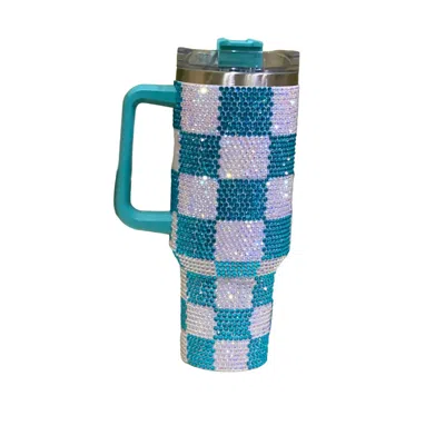 Lucky & Blessed 40 oz Checkered Rhinestone Tumbler In Turquoise/white In Blue