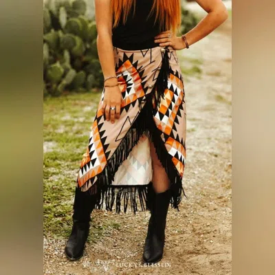Lucky & Blessed Aztec Asymmetric Skirt In Orange & Black In Multi