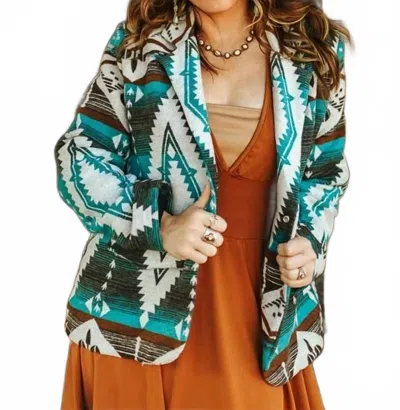 Lucky & Blessed Aztec Blazer In Turquoise In Multi