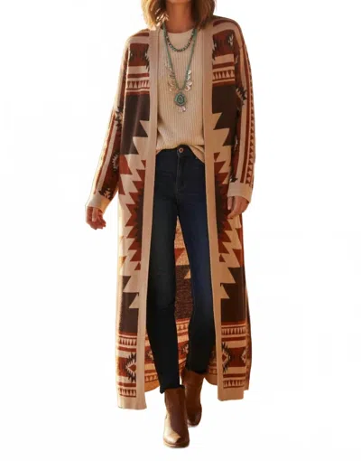 Lucky & Blessed Aztec Knit Sweater Maxi Cardigan In Cream/ Red In Multi