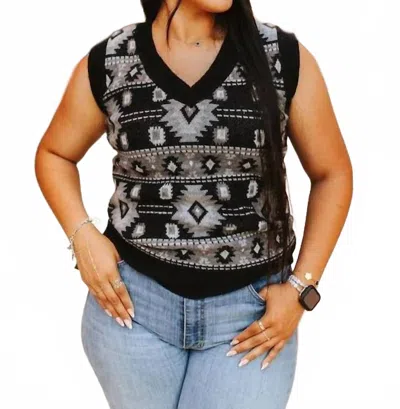 Lucky & Blessed Aztec Knit V-neck Sleeveless Western Sweater Top In Black