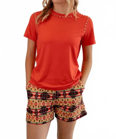 Lucky & Blessed Aztec Printed Crease Detail Western Shorts In Tan In Red