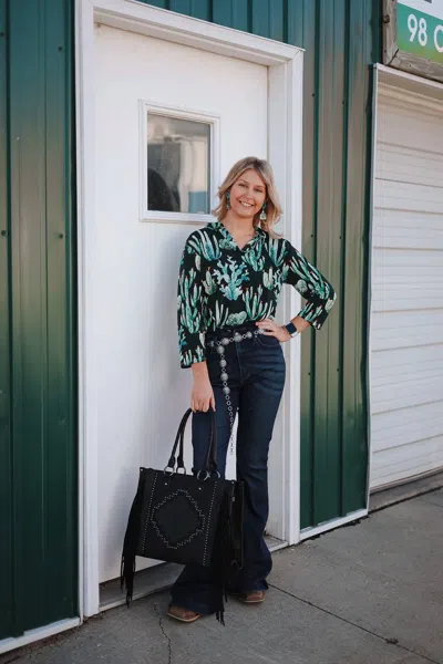 Lucky & Blessed Cactus Bulgari V-neck Collared Western Top In Green In Multi