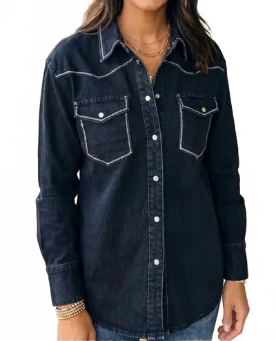 Lucky & Blessed Contrast Stitching Pearl Snap Denim Western Shirt In Black In Transparent