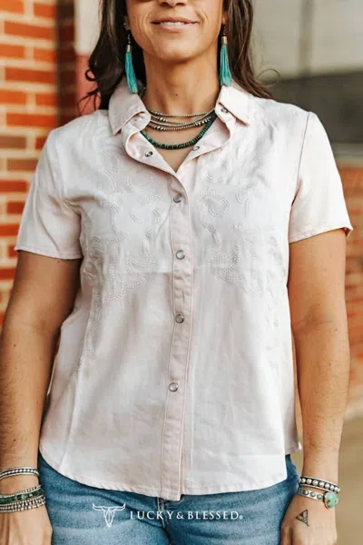Lucky & Blessed Embroidered Snap Short Sleeve Western Shirt In Blush In White