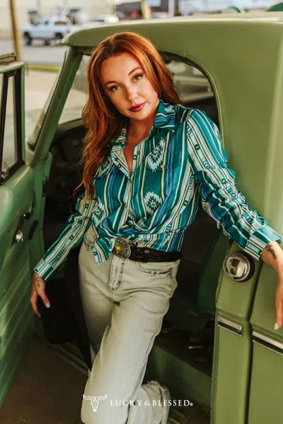 Lucky & Blessed Fallbrooks Pearl Snap Shirt In Turquoise In Green