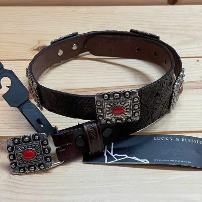 Lucky & Blessed Girl's Genuine Leather Belt In Brown With Red Conchos