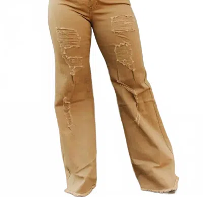 Lucky & Blessed High Rise Distressed Wide Leg Jeans In Camel Wash In Multi