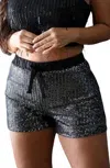 Lucky & Blessed High Waisted Pull On Sequin Shorts In Black In Black