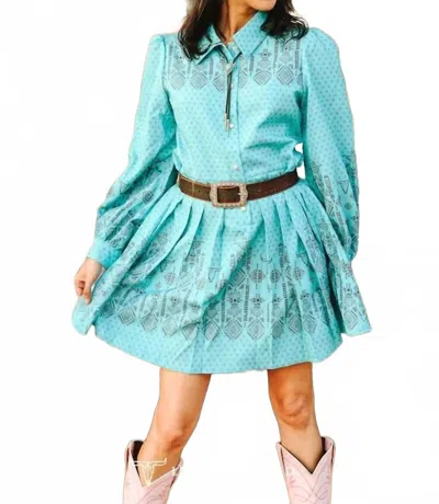 Lucky & Blessed Jade Aztec Pearl Snap Long-sleeve Pleated Western Mini Dress In Green In Blue