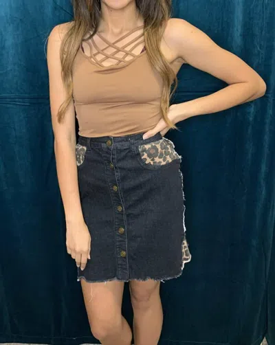 Lucky & Blessed Leopard Insert Denim Mini Skirt In Washed Black