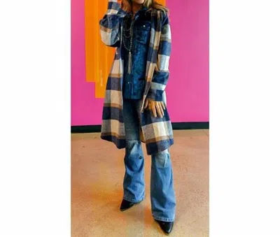 Lucky & Blessed Long Fleece Shacket In Blue Plaid In Multi