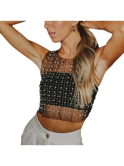 Lucky & Blessed Mesh Sleeveless Pearl Studded Top In Black