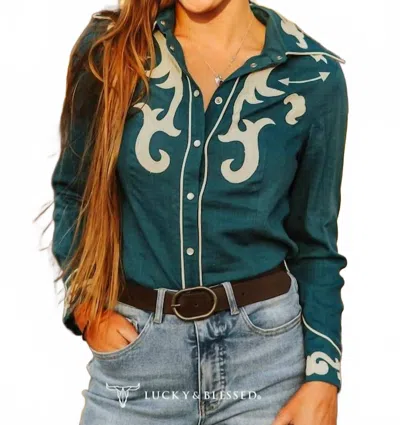 Lucky & Blessed Patch Boot Stitch Contrast Piping Shirt In Teal/ivory In Green