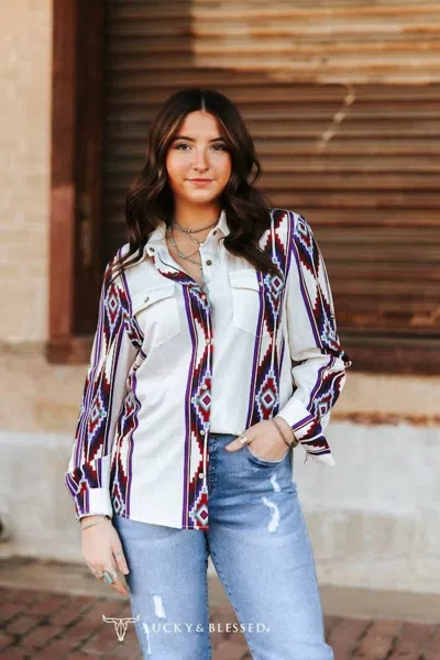 Lucky & Blessed Pearl Snap Buttons Retro 90's Western Top In Ivory Aztec In Multi