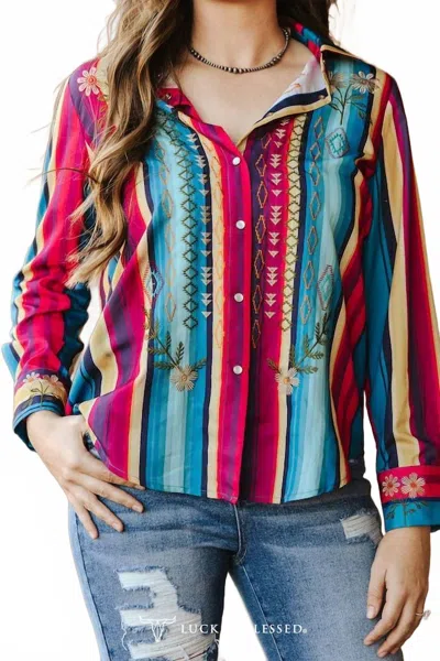 Lucky & Blessed Pearl Snap Embroidered Western Top In Multi