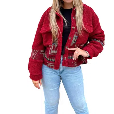 LUCKY & BLESSED SARA AZTEC SHERPA JACKET IN RED
