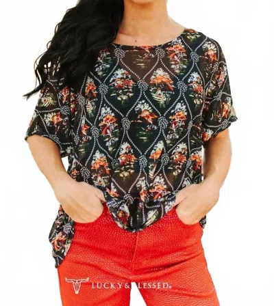 Lucky & Blessed Scenic Western Ranch Mesh Top In Black