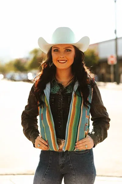 Lucky & Blessed Serape Western Woven Zip-up Puffer Vest In Jade In Multi