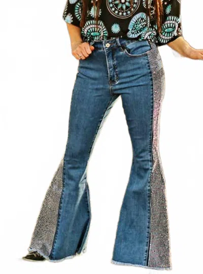 Lucky & Blessed Shiny Studded Embellished Stretchy Flare Jeans In Blue