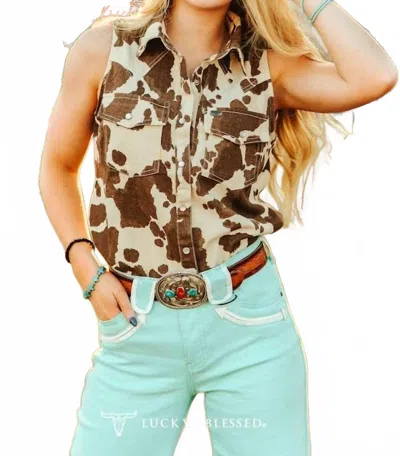 Lucky & Blessed Sleeveless Cowhide Print Denim Western Shirt With Pearl Snaps In Brown In Gold
