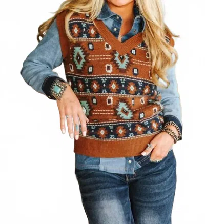 Lucky & Blessed Southwestern Knit Sweater Vest In Brown In Multi
