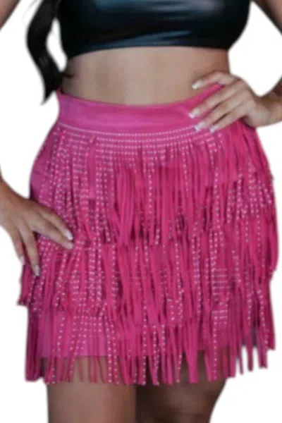 Lucky & Blessed Stella Suede Studded Fringed Skirt In Pink