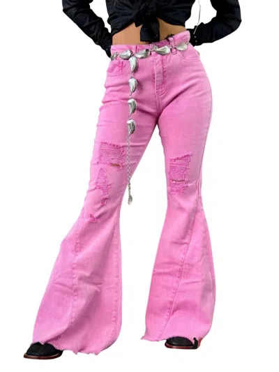 Lucky & Blessed Stone Wash High Rise Flares Jeans In Pink