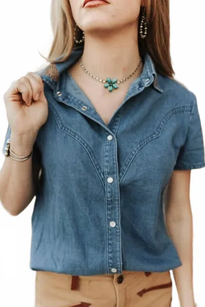 Lucky & Blessed Stretch Denim Pearl Snap Boot-stitch Top In Dark Wash In Blue
