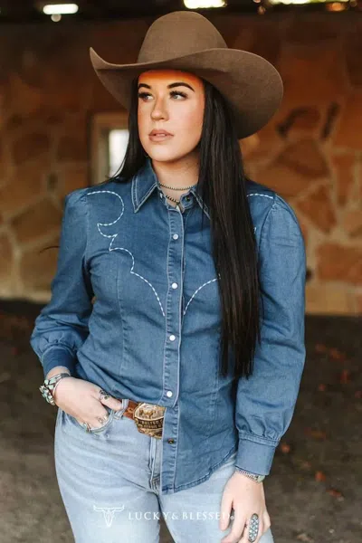 Lucky & Blessed Stretch Pearl Snap Western Shirt In Mid Wash Denim In Blue