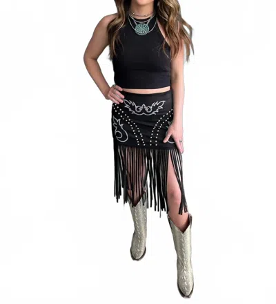 Lucky & Blessed Suede Boot Stitch Embroidered Studded Skirt In Black
