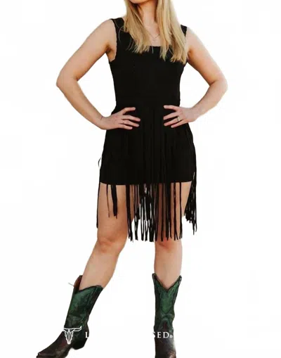 Lucky & Blessed Suede Fringe Mini Dress With Whipstitch Detail In Black