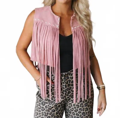 Lucky & Blessed Suede Fringe Vest With Buck-stitch Detail In Soft Pink