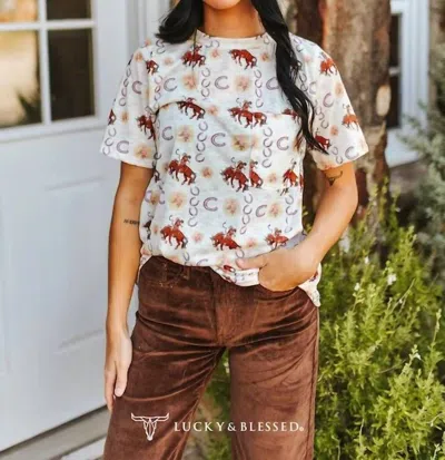 Lucky & Blessed Vintage Rodeo Cowboy & Horseshoe All-over Print Western Pocket Tee In Ivory In Multi