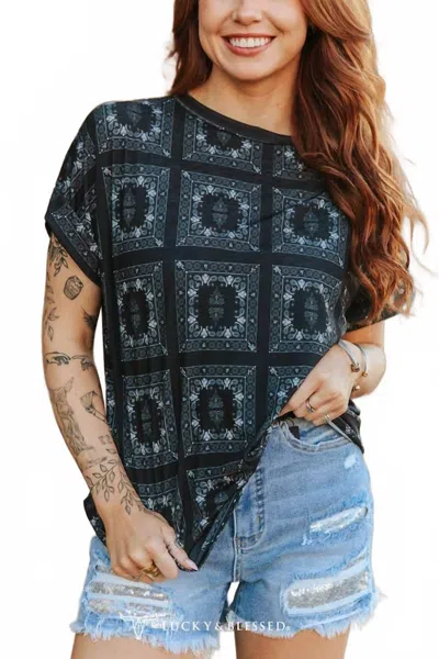 Lucky & Blessed Western Bandana Print Rolled Cuff Short Sleeve Top In Black In Blue
