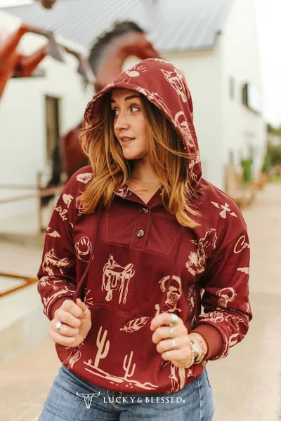 Lucky & Blessed Western Desert Hoodie In Burgundy