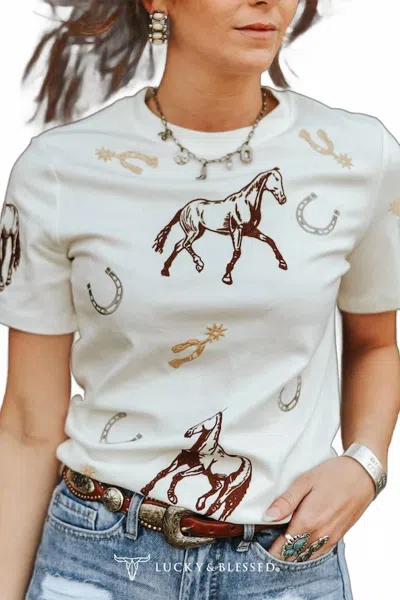 Lucky & Blessed Western Horseshoe Spur Embroidered Shirt In Ivory In Multi