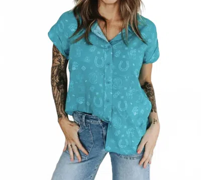 Lucky & Blessed Western Icon Button Down Shirt In Turquoise In Blue