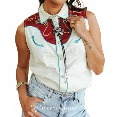 Lucky & Blessed Western Yoke Button Down Shirt In Ivory Burgundy In Multi