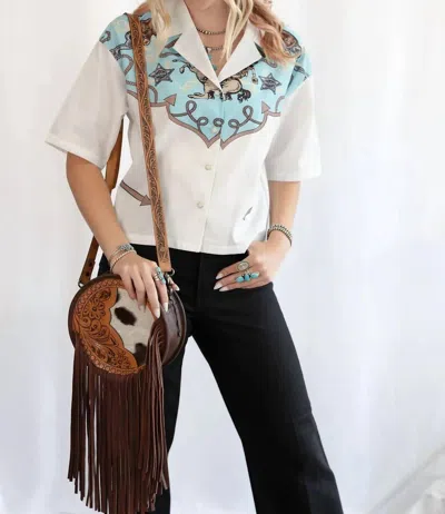Lucky & Blessed Western Yoke Button-down Short Sleeve Top In Ivory In White