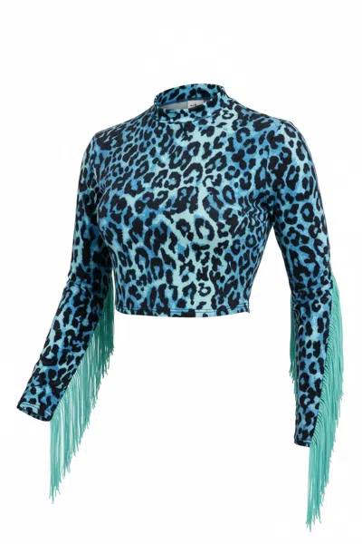 Lucky & Blessed Women's Leopard Long Sleeve Fringe Crop Top In Turquoise In Blue