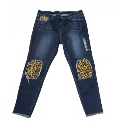 Lucky & Blessed Women's Print Patched Ripped Jeans In Blue Leopard