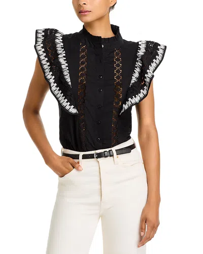 Lucky & Coco Embroidered Flutter Sleeve Blouse In Black/ Ecru