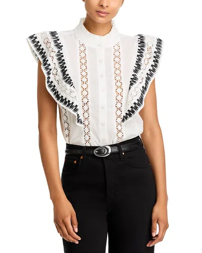 Lucky & Coco Embroidered Flutter Sleeve Blouse In White/ Ecru