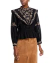 Lucky & Coco Multi Embroidered Ruffled Peplum Top In Black Embroidered