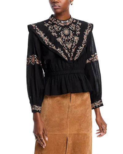 Lucky & Coco Multi Embroidered Ruffled Peplum Top In Black Embroidered
