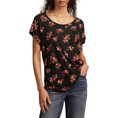 Lucky Brand Abstract Floral Short Sleeve Knit Top In Black