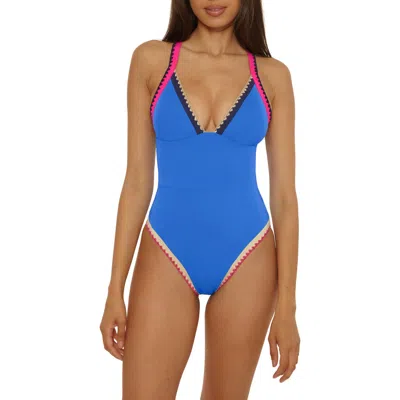 Lucky Brand Avila Embroidered Trim Colorblock Binding One-piece Swimsuit In Blue