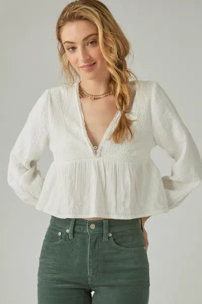 Lucky Brand Babydoll Top Womens White Cotton Tiered Lace Inset V-neck Jdm1167